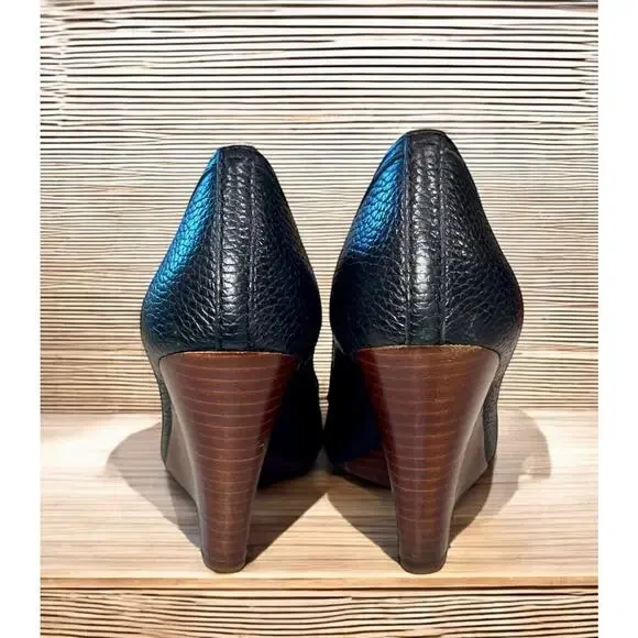Tory Burch Leticia Peep Toe Leather Wedge Heels Size 7.5M - Picture 4 of 9